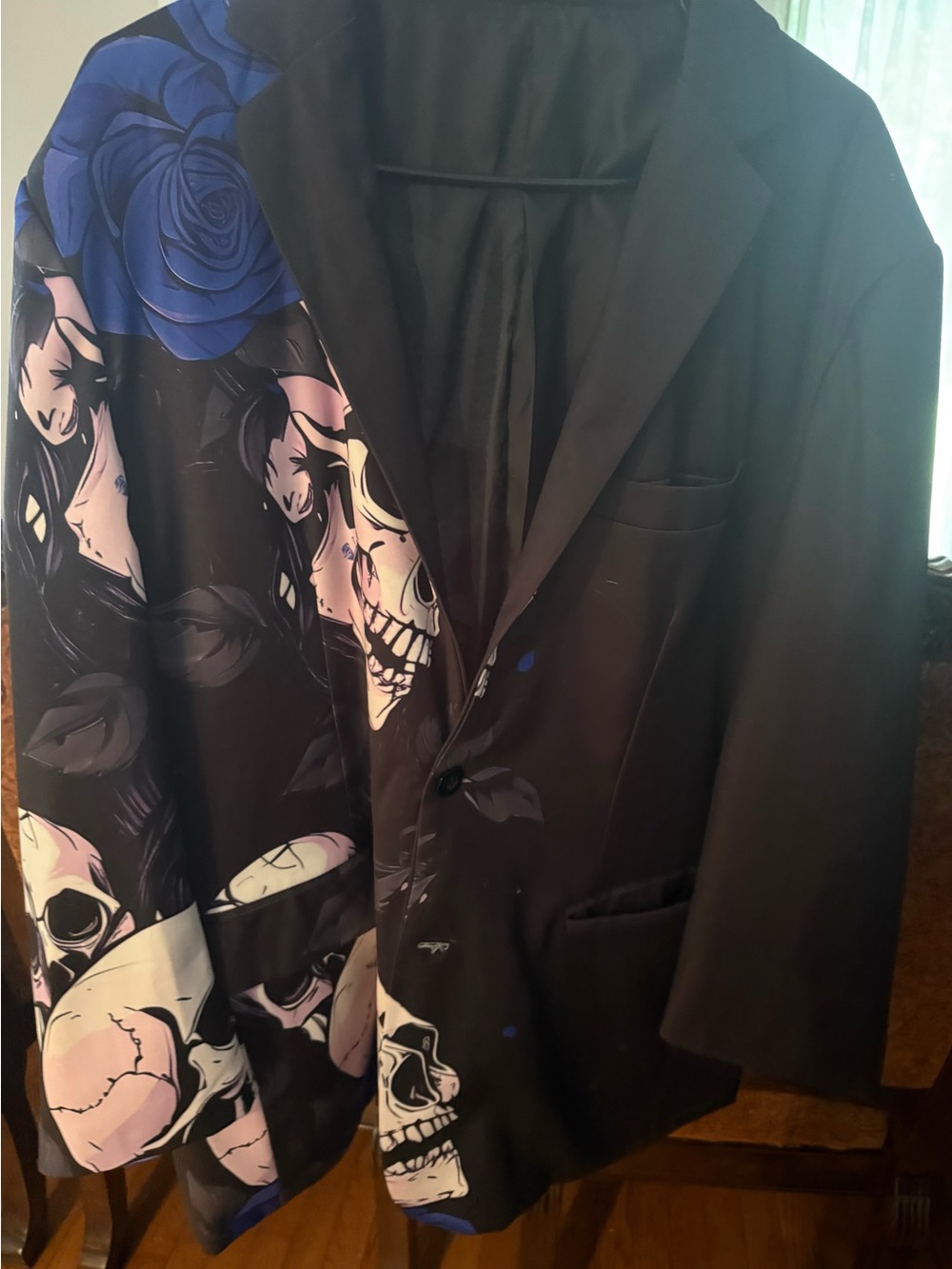 Black Blazer with Blue Rose & Skull Motif